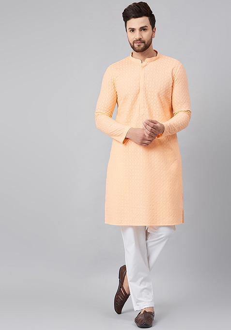 Peach Kurta Embroidered Cotton Kurta For Men