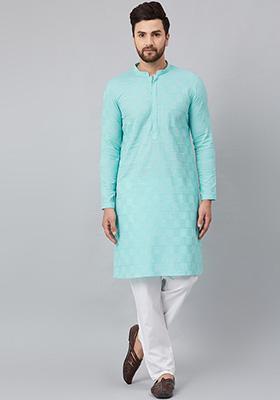 Sea Green Chikankari Work Kurta For Men