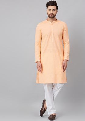 Light Peach Embroidered Chikankari Kurta For Men