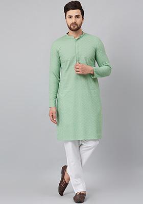 Green Embroidered Chikankari Cotton Kurta For Men