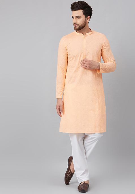 Peach Embroidered Chikankari Kurta For Men