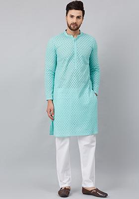 Sea Green Embroidered Chikankari Kurta For Men