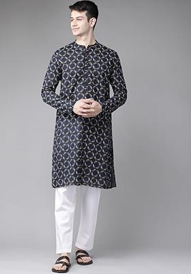 Navy Blue And Gold Printed Kurta For Men