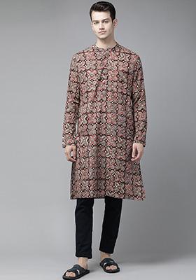 Maroon And Beige Kalamkari Block Print Cotton Kurta For Men