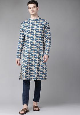 Beige And Blue Kalamkari Block Print Cotton Kurta For Men