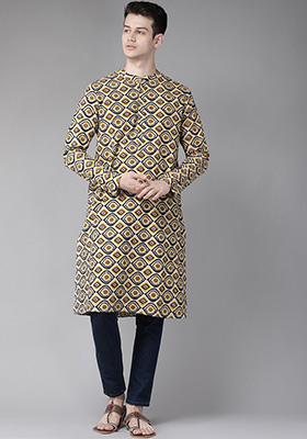 Beige Handcrafted Kalamkari Block Print Cotton Kurta For Men