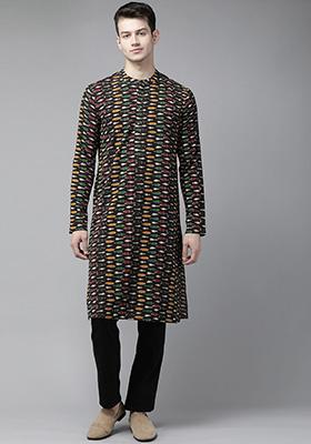 Black Handcrafted Kalamkari Block Print Cotton Kurta For Men
