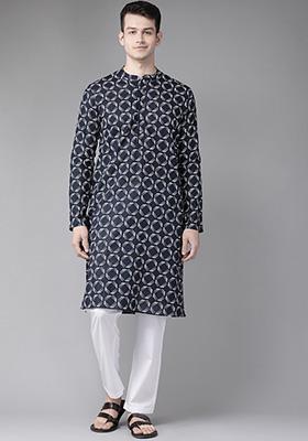 Deep Blue Printed Cotton Kurta For Men