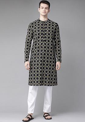 Black And Golden Printed Cotton Kurta For Men