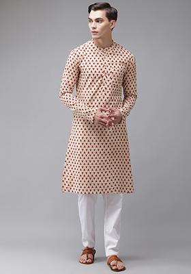 Beige Hand Block Print Cotton Kurta For Men