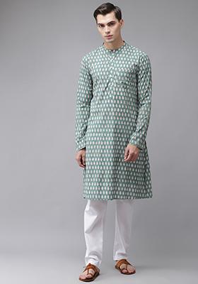 Green Handcrafted Block Print Cotton Kurta For Men