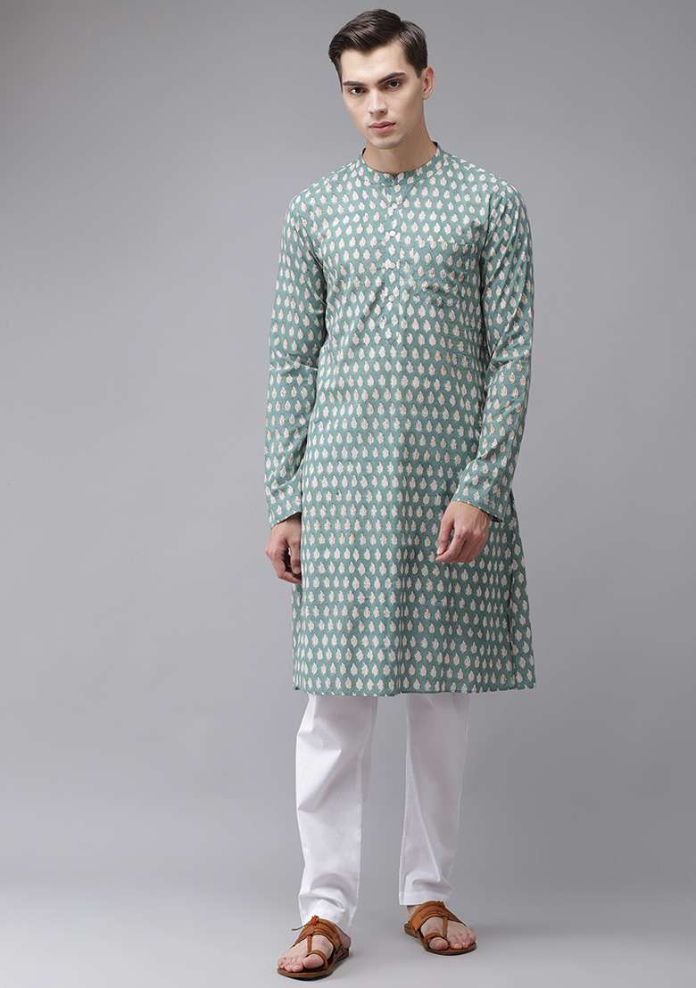 Green Handcrafted Block Print Cotton Kurta For Men - Indya