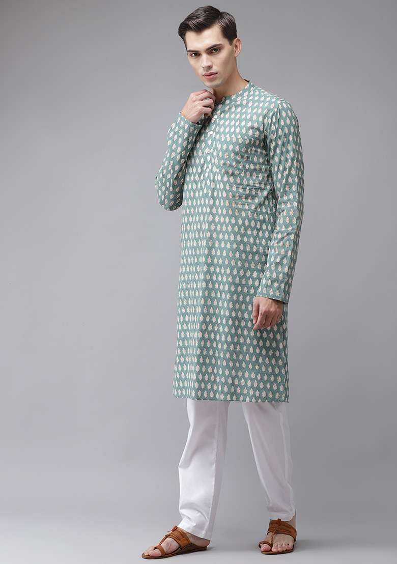 Green Handcrafted Block Print Cotton Kurta For Men - Indya