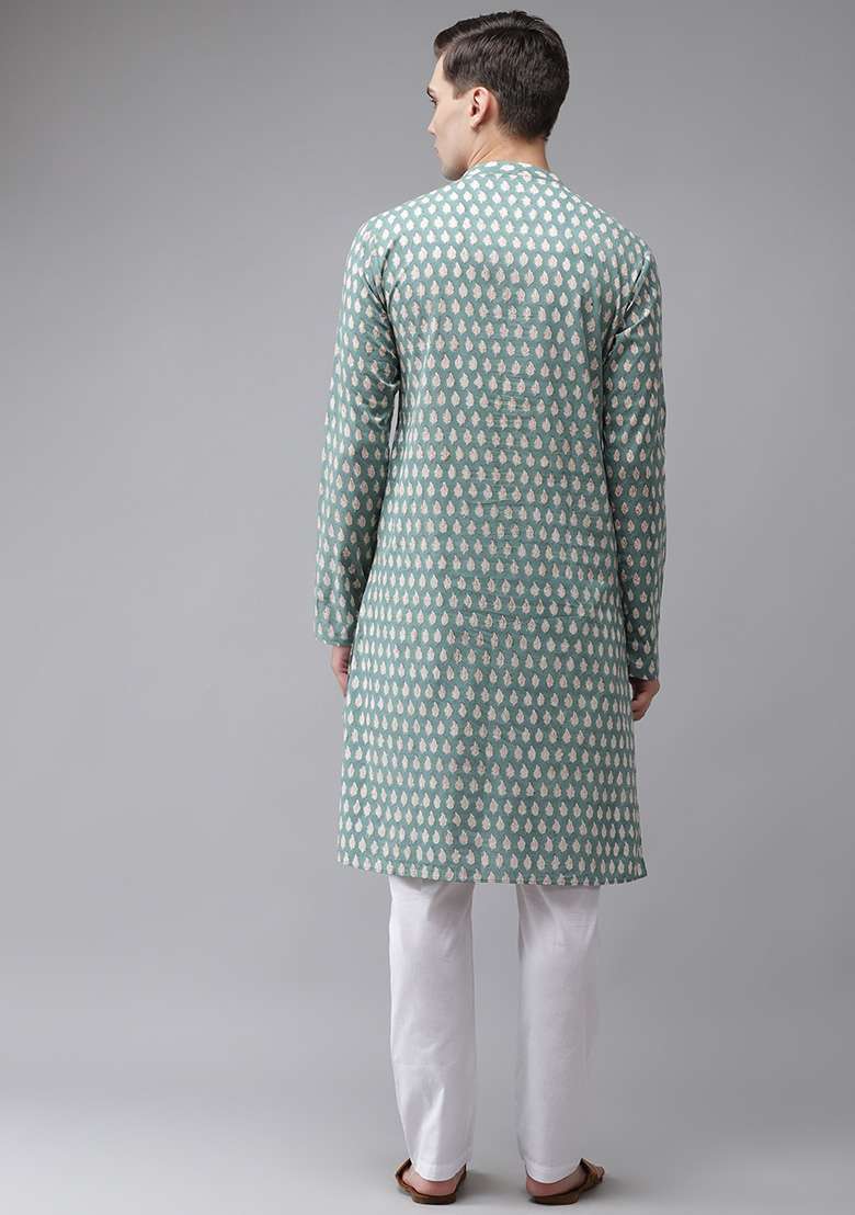 Green Handcrafted Block Print Cotton Kurta For Men - Indya