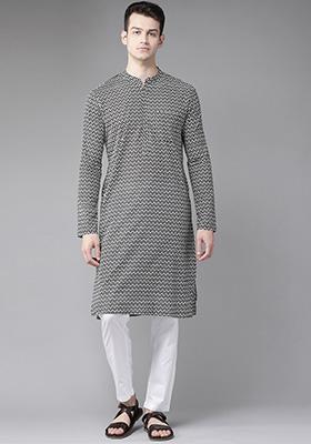Black And White Printed Kurta For Men