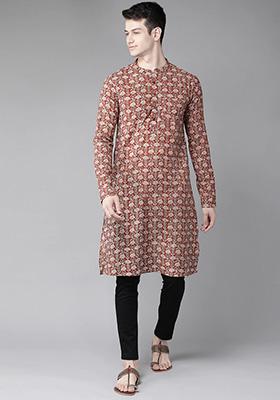 Rust Block Print Cotton Kurta For Men