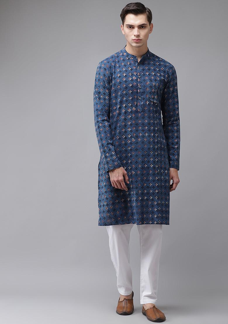 Blue Block Print Cotton Kurta For Men