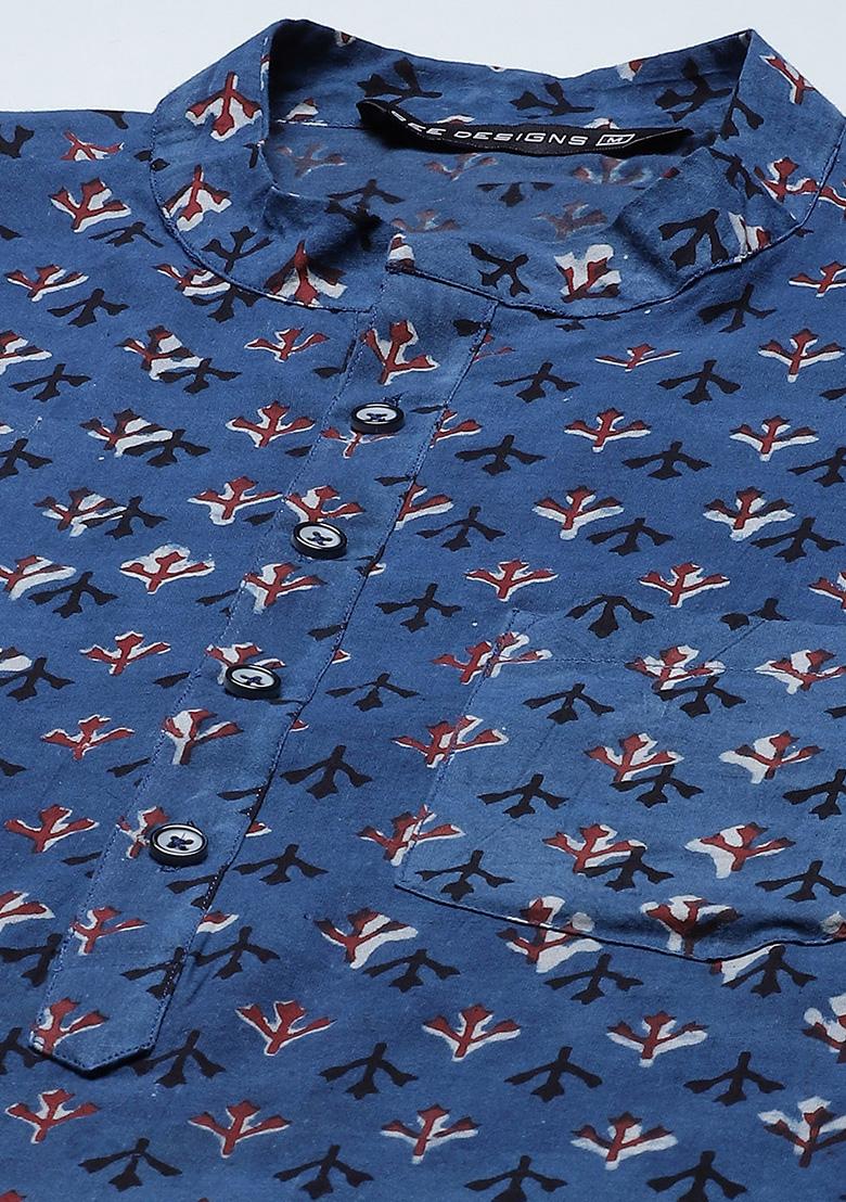 Blue Block Print Cotton Kurta For Men