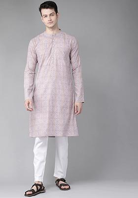 Beige Block Print Cotton Kurta For Men