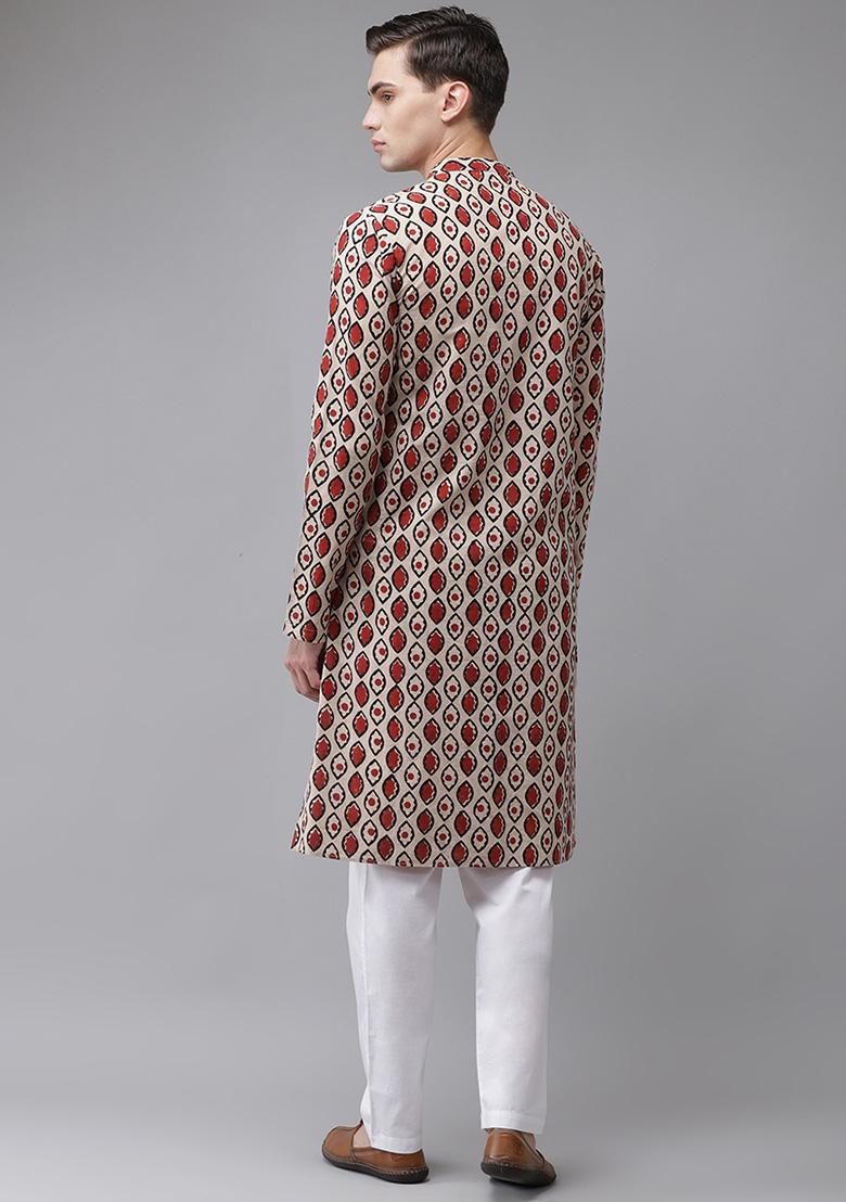 Beige Handcrafted Print Kurta For Men