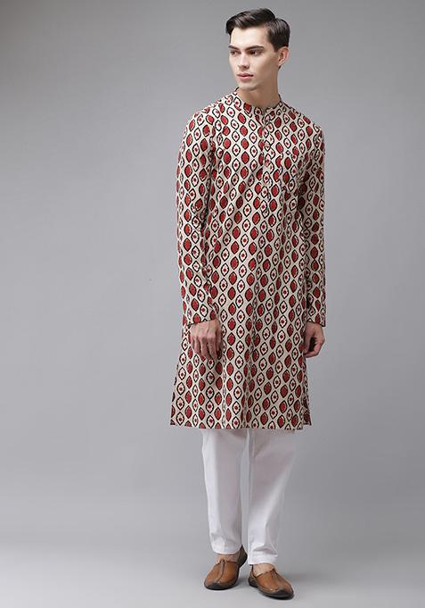 Beige Handcrafted Print Kurta For Men