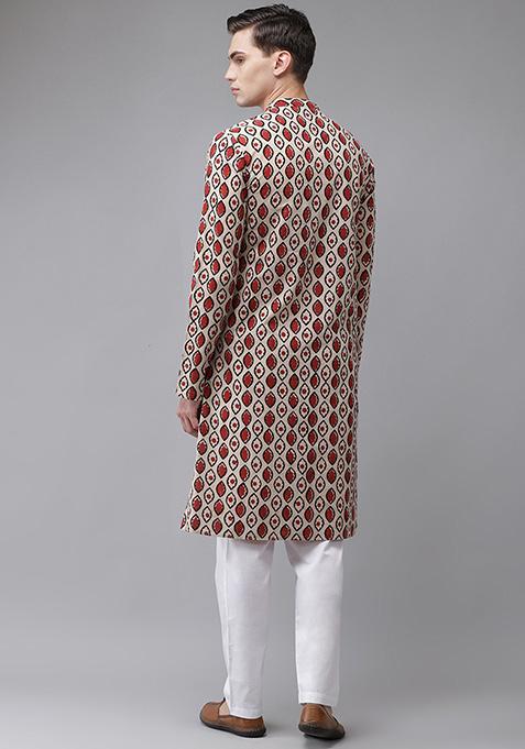 Beige Handcrafted Print Kurta For Men