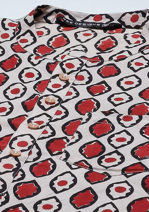 Beige Handcrafted Print Kurta For Men