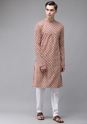 Beige Handcrafted Block Print Cotton Kurta For Men
