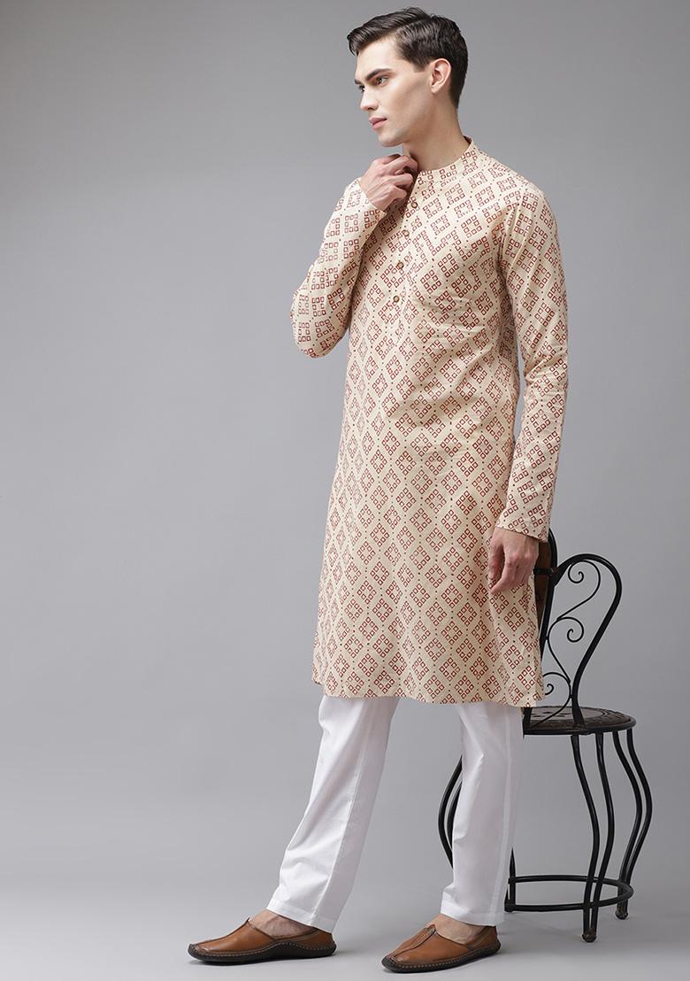 Beige And Maroon Block Print Cotton Kurta For Men
