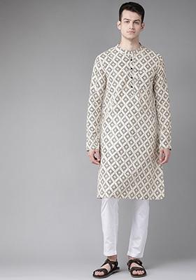 Beige And Black Block Print Cotton Kurta For Men