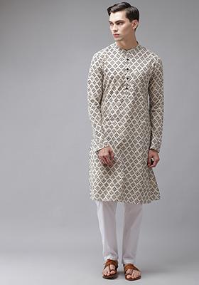 Beige And Black Block Print Kurta For Men