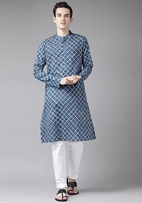 Blue And Beige Printed Cotton Kurta Set For Men