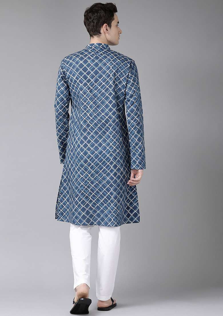 Blue And Beige Printed Cotton Kurta Set For Men - Indya