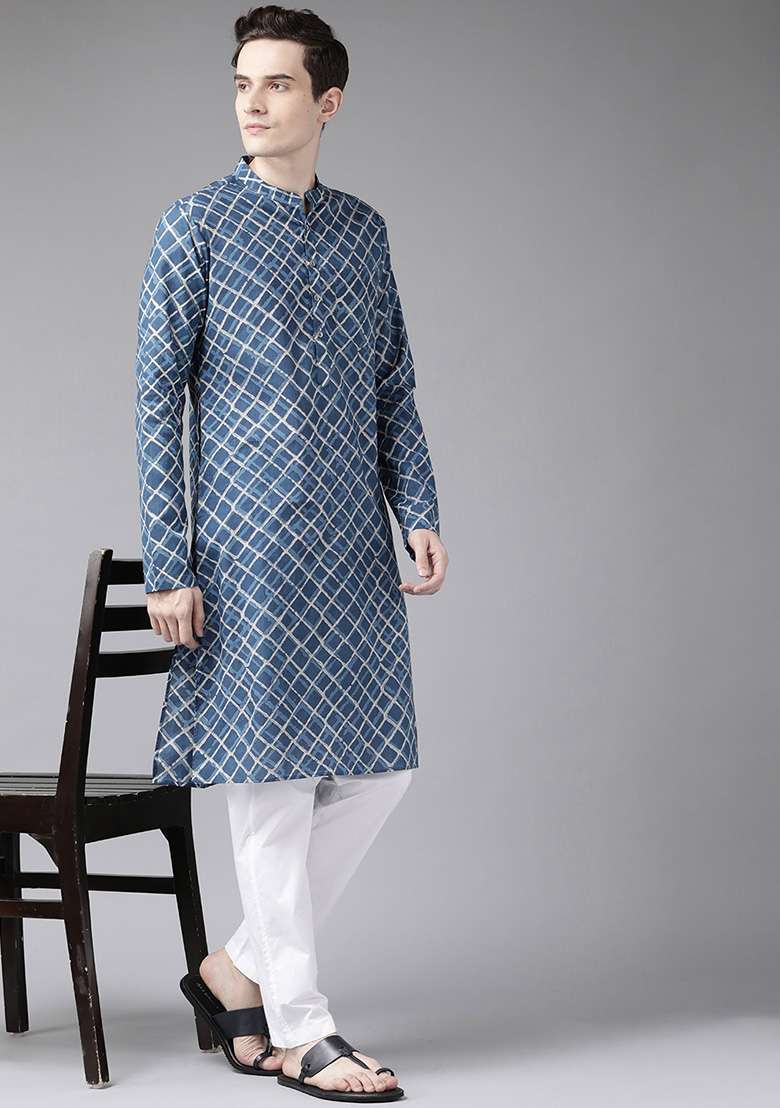 Blue And Beige Printed Cotton Kurta Set For Men - Indya