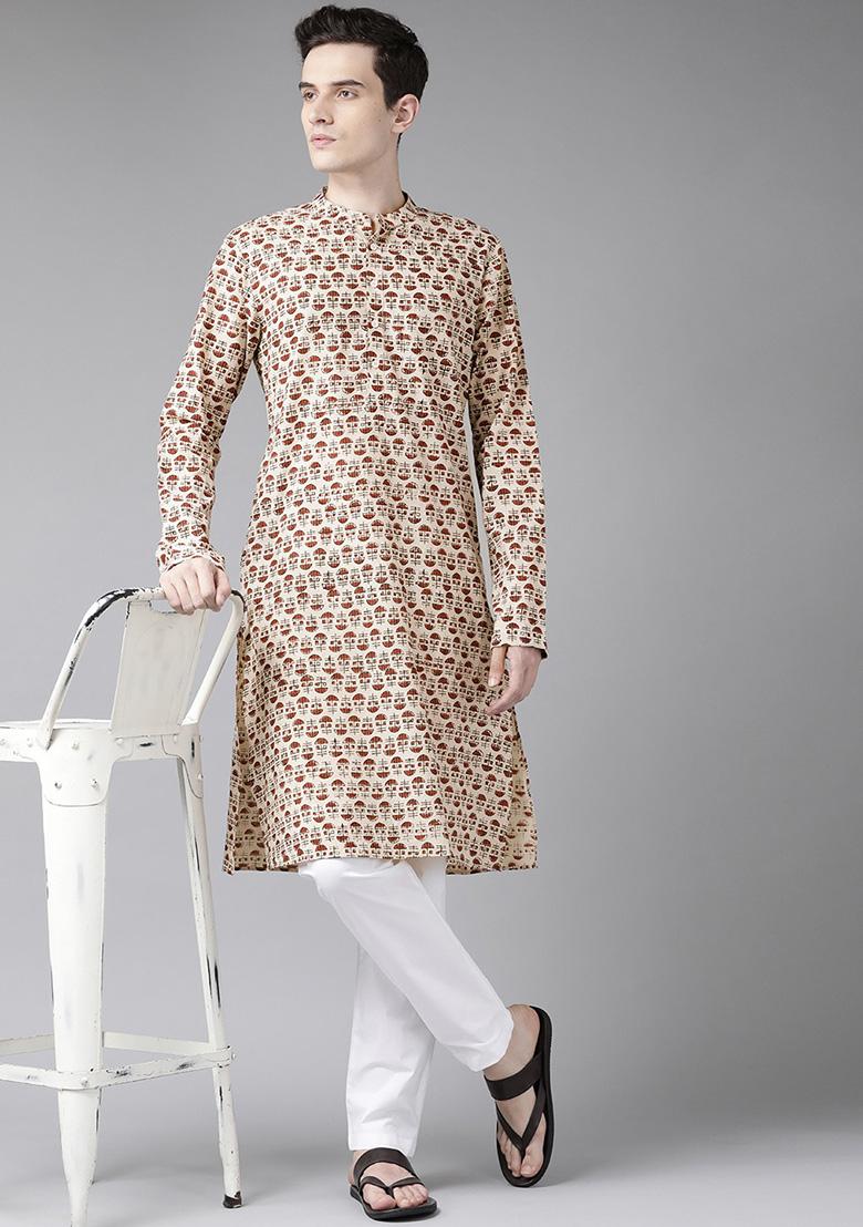 Beige And Maroon Printed Cotton Straight Kurta Set For Men
