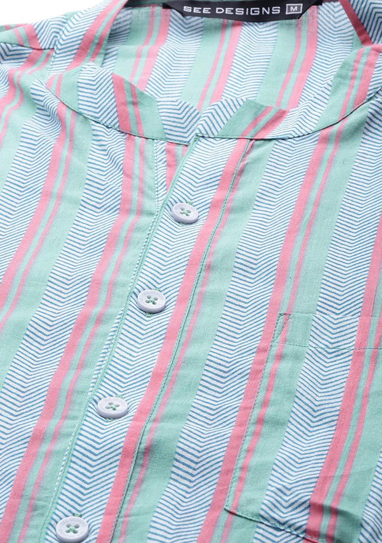 Green Multi Printed Cotton Kurta Set For Men