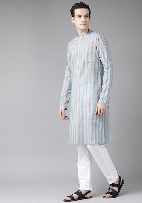 Green Multi Printed Cotton Kurta Set For Men