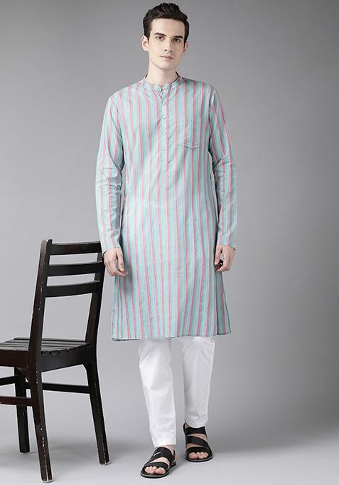 Green Multi Printed Cotton Kurta Set For Men