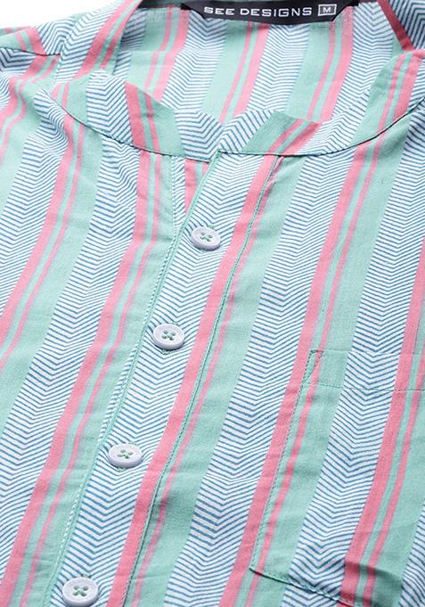 Green Multi Printed Cotton Kurta Set For Men