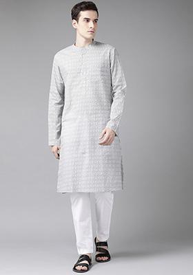 Grey And White Printed Cotton Kurta Set For Men