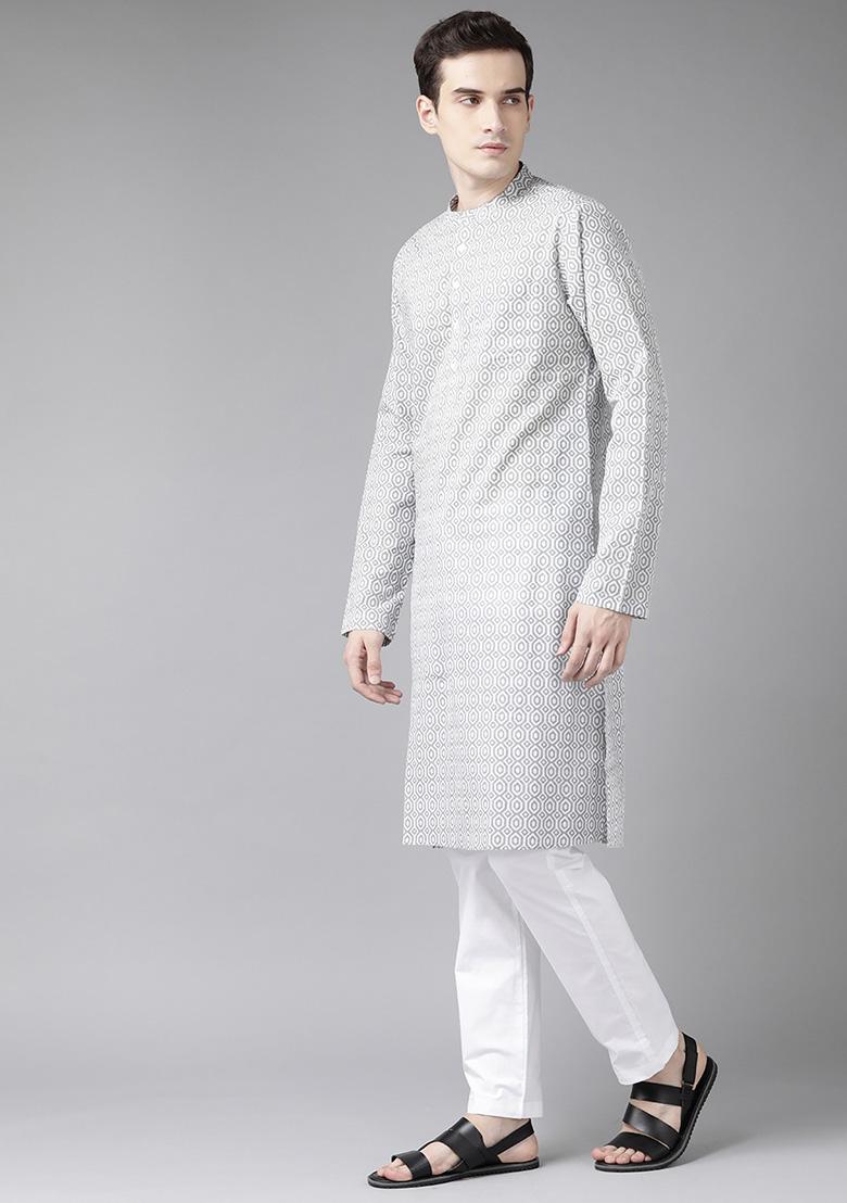 Grey And White Printed Cotton Kurta Set For Men