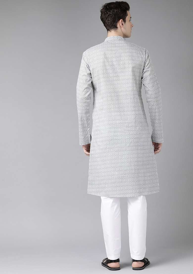 Grey And White Printed Cotton Kurta Set For Men - Indya