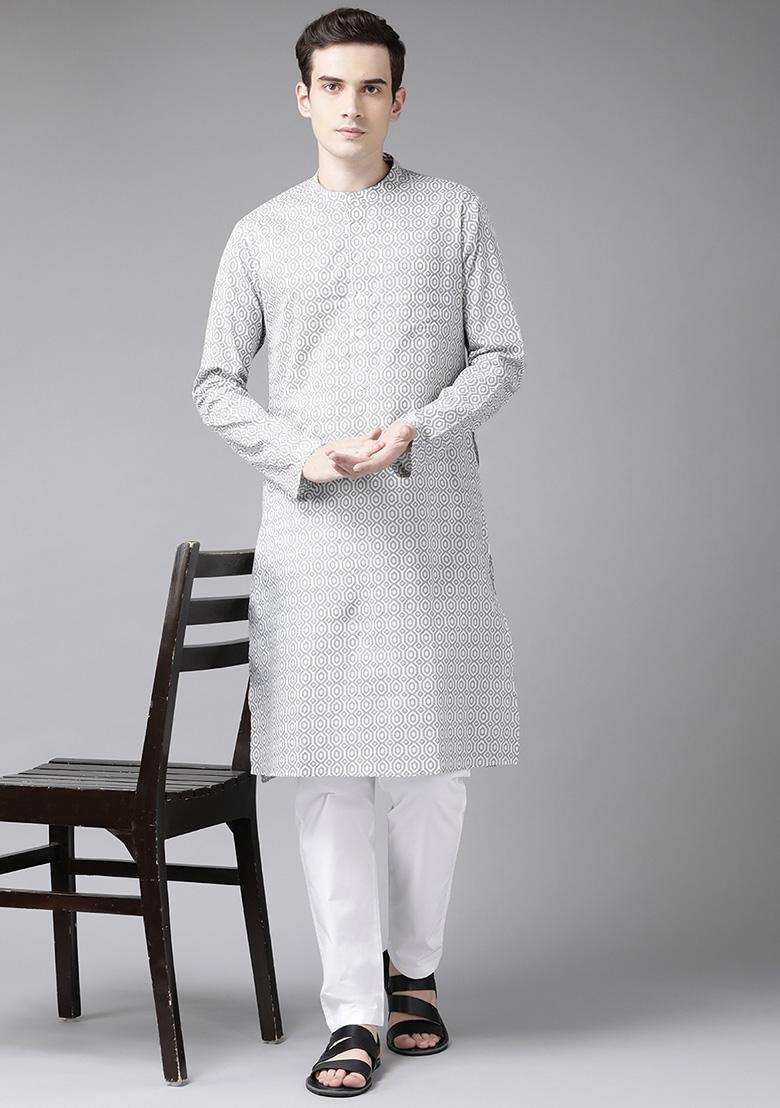 Grey And White Printed Cotton Kurta Set For Men