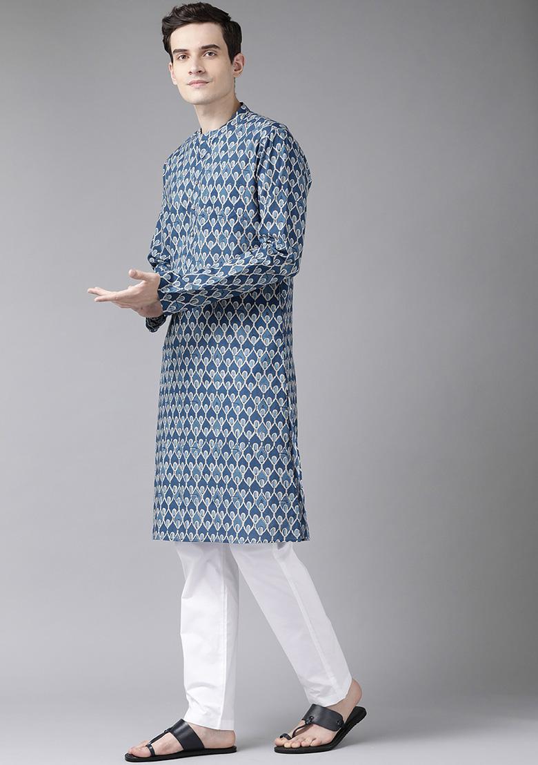 Navy Blue And Beige Printed Cotton Kurta Set For Men
