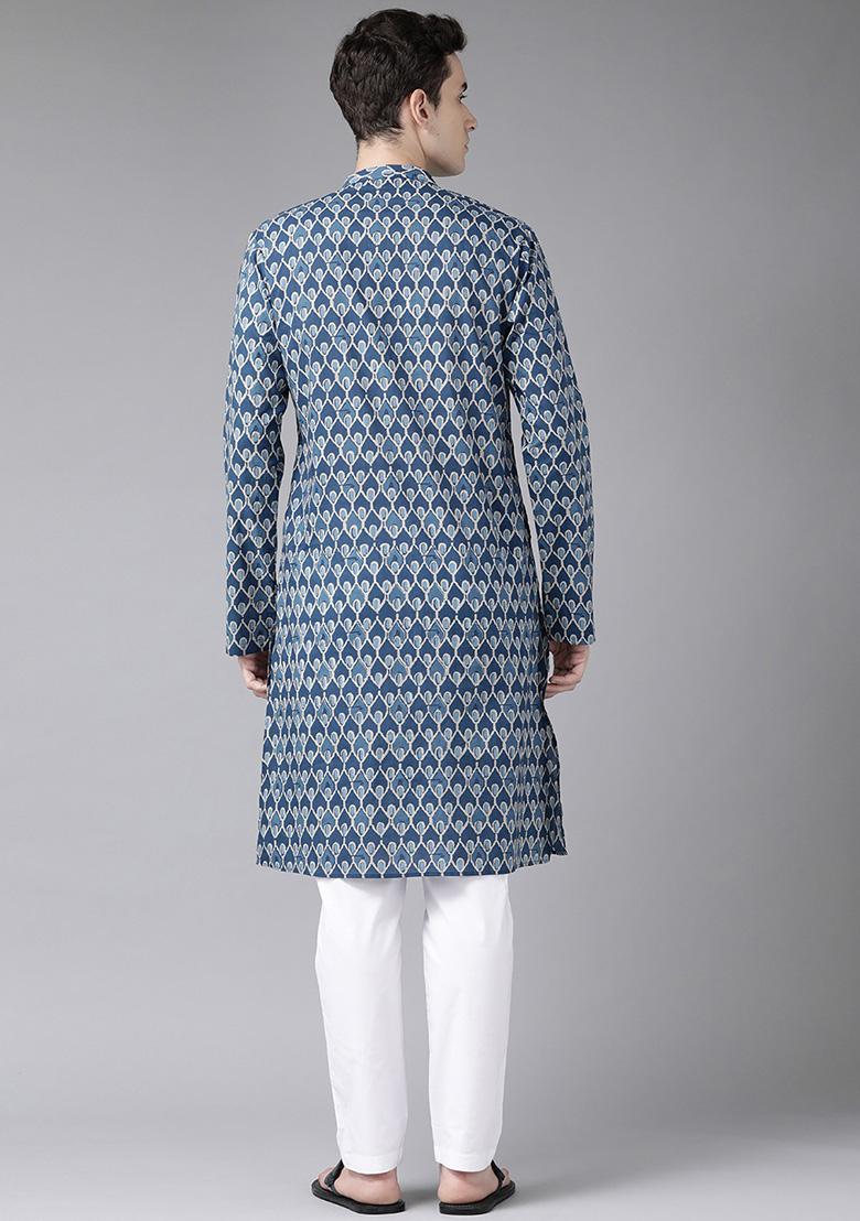 Navy Blue And Beige Printed Cotton Kurta Set For Men