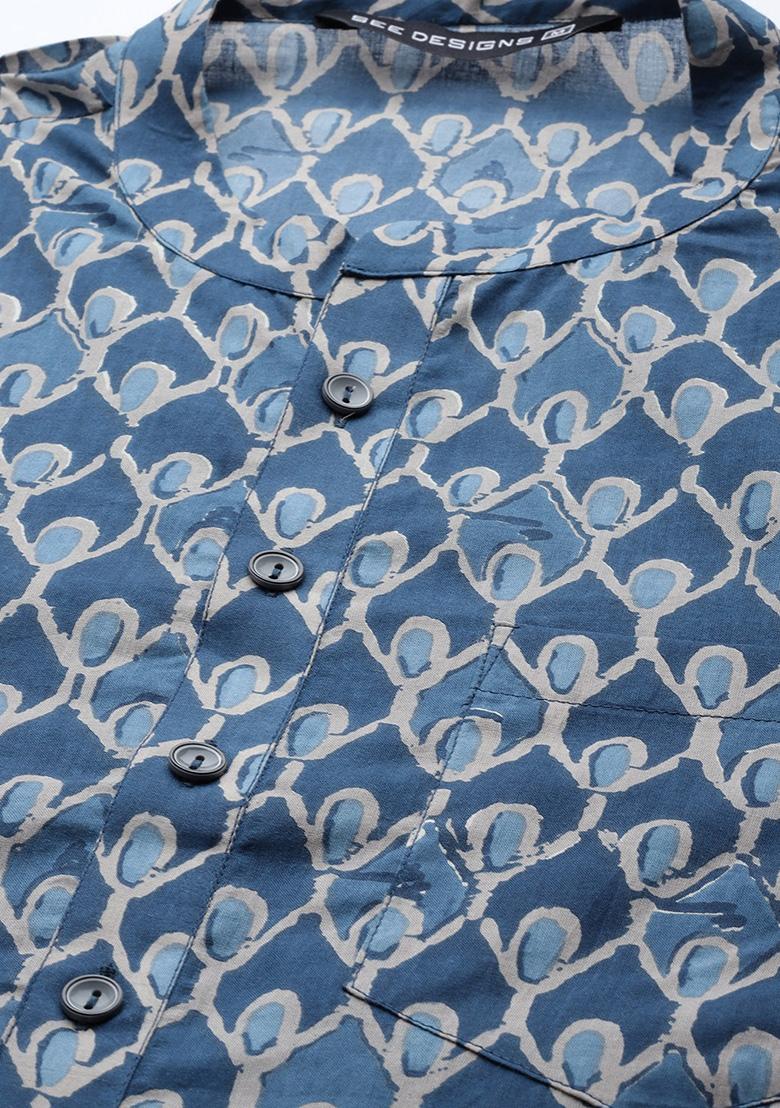Navy Blue And Beige Printed Cotton Kurta Set For Men