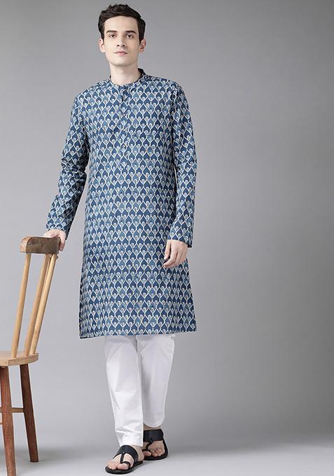 Navy Blue And Beige Printed Cotton Kurta Set For Men