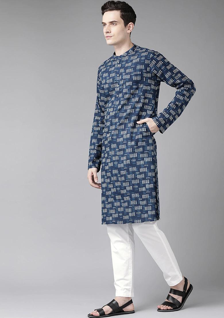 Navy Blue And Beige Printed Kurta Set For Men