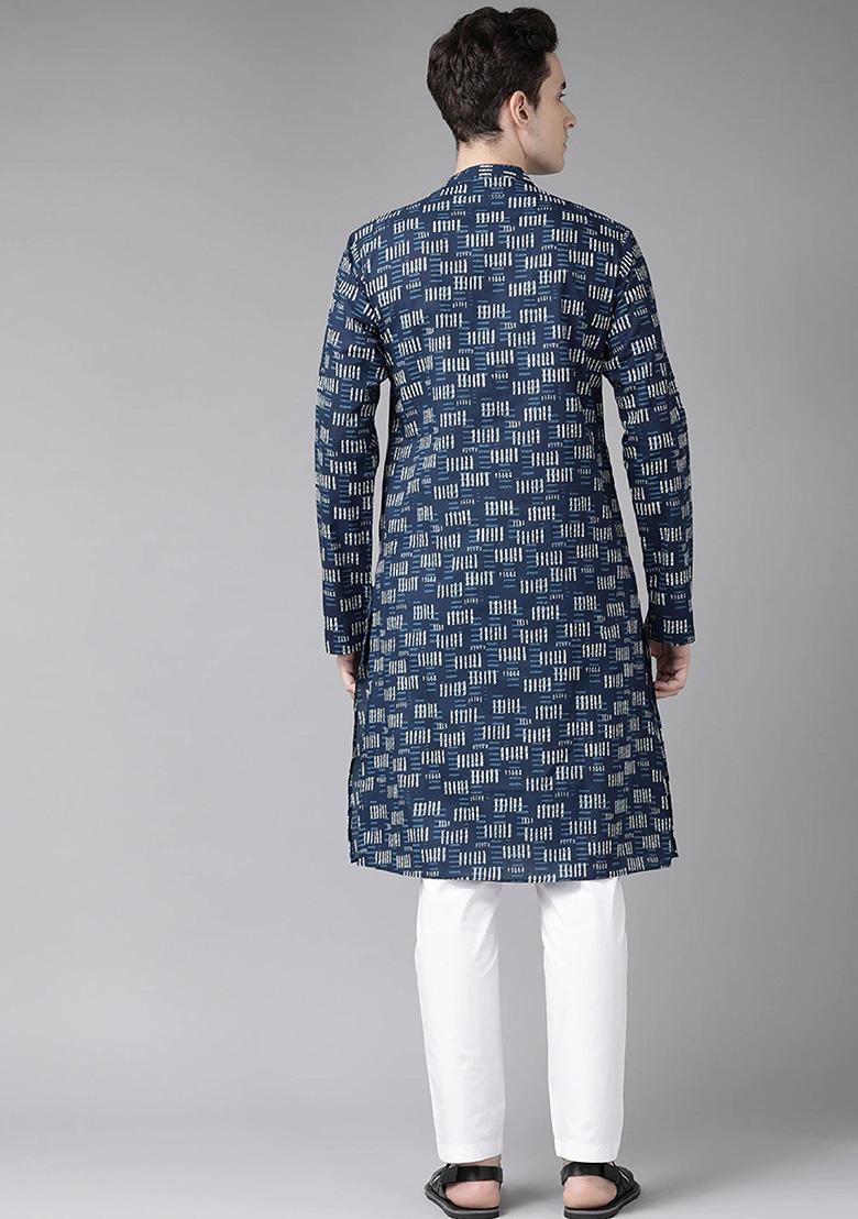 Navy Blue And Beige Printed Kurta Set For Men
