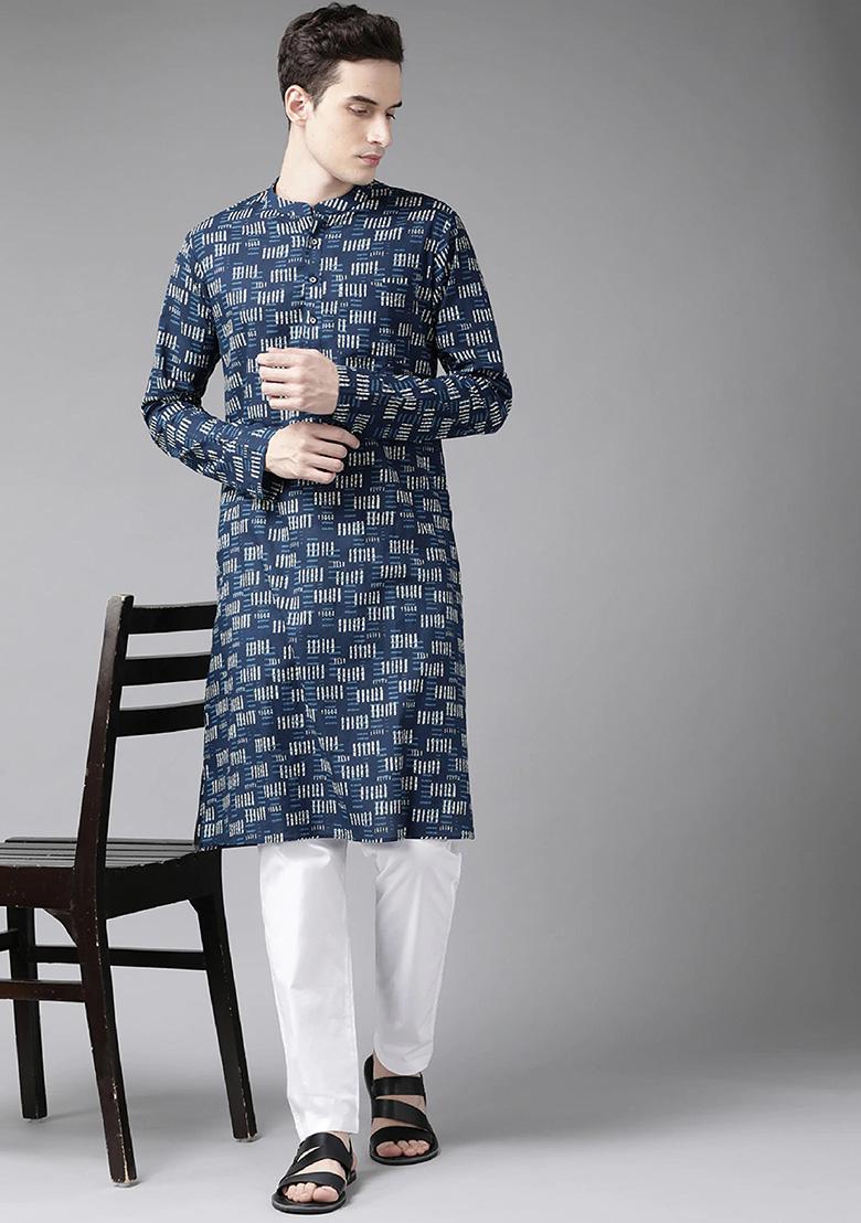 Navy Blue And Beige Printed Kurta Set For Men - Indya